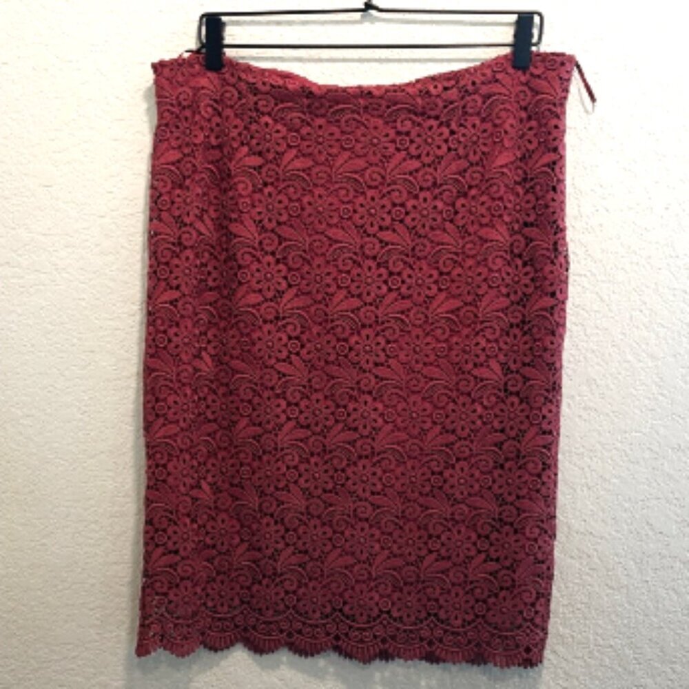 Sade New York Lace Pencil Skirt Size L Dark Terracotta Scalloped Hem Lined